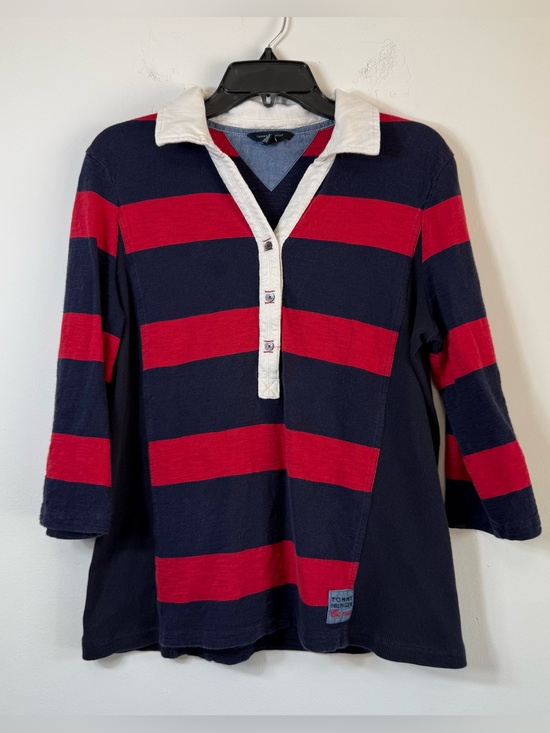 Tommy Hilfiger Sweaters - Tommy Hilfiger Red Navy Striped Preppy Rugby Polo Shirt XL